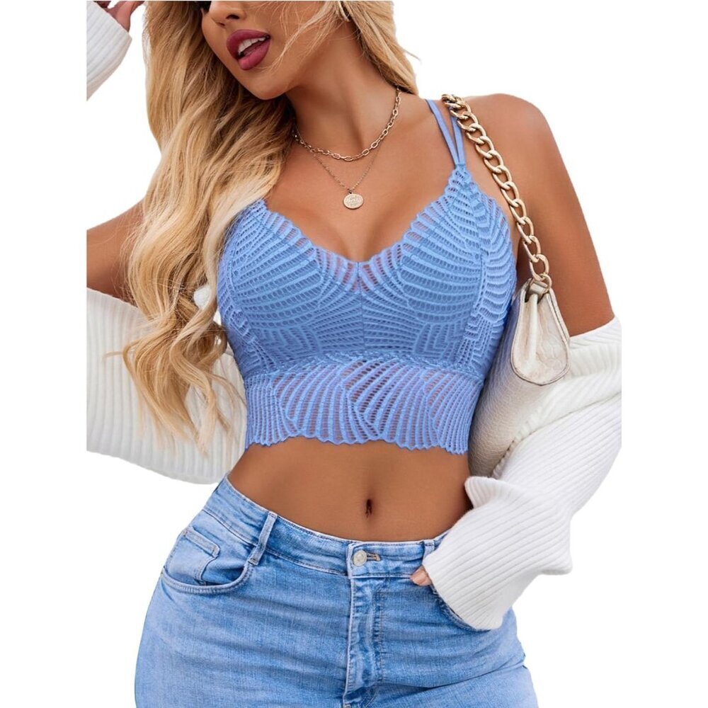 Women's Light Blue Lace Camisoles Double-layered V-neck Sexy Bralettes Crop Top